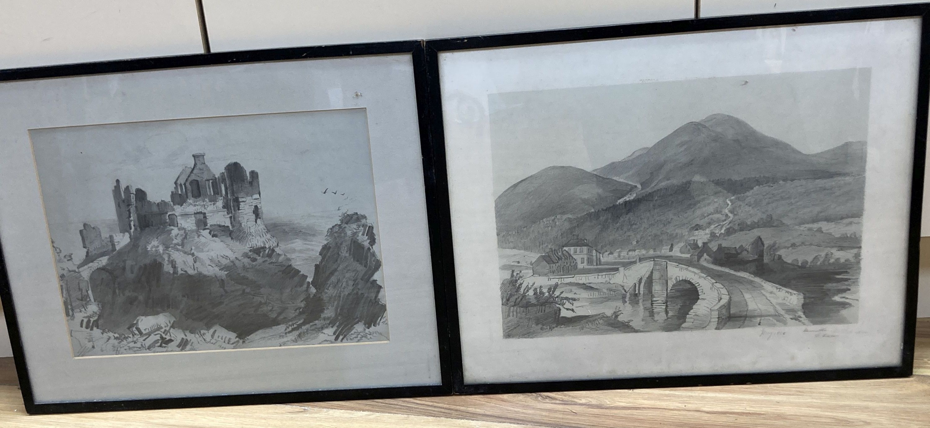 English School c.1850, two pencil and wash drawings, Study of ruins and View of town and mountains, inscribed, 26 x 36cm